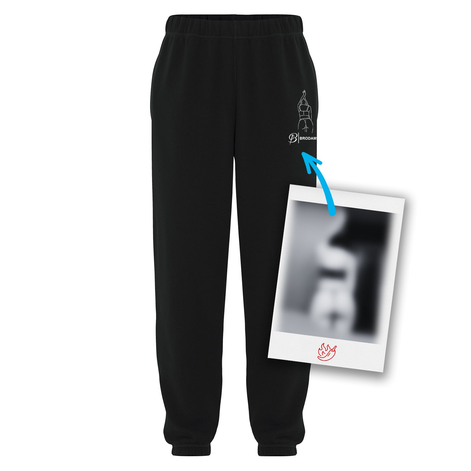 pantalons de jogging noirs avec une broderie d'une silhouette coquine sur la poche gauche avec le logo brodame en dessous