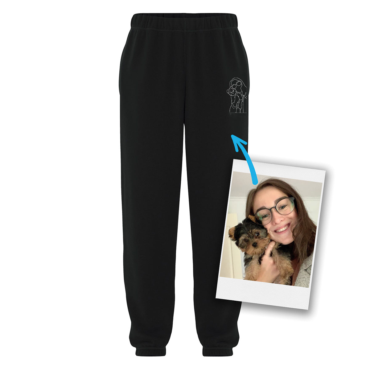 pantalons de joggings noirs personnalisé avec une broderie minimaliste blanche tracée à partir d'une photo
