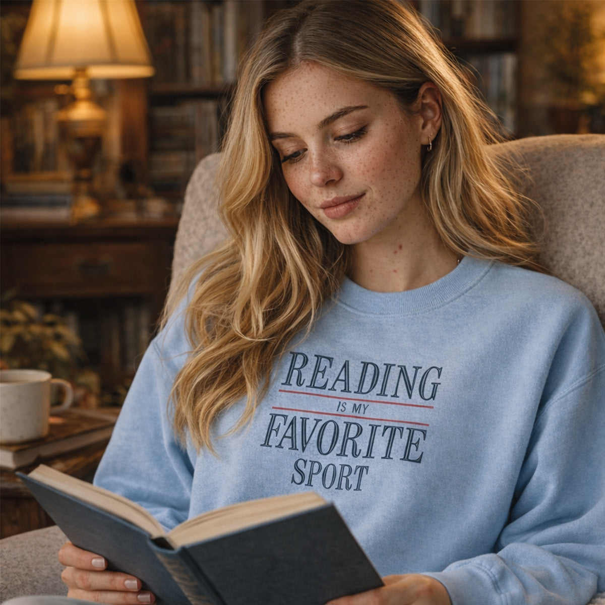photo générée par l'IA d'une jeune femme aux cheveux blonds étant assise dans un sofa en lisant un livre dans une bibliothèque. Elle porte un crewneck bleu pâle avec une broderie "Reading is my favorite sport" au centre en bleu foncé et rouge
