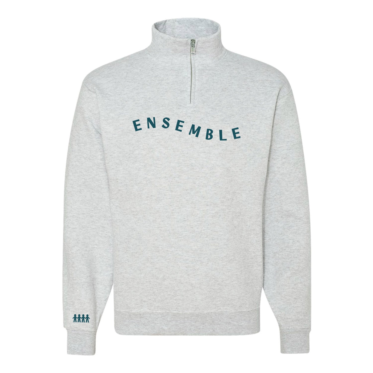 chandail un quart de zip gris cendré avec broderie au centre "ensemble" en forme de vague. 4 petits bonhommes se tiennent par la main sur la manche droite. Le tout brodé en vert turquoise foncé