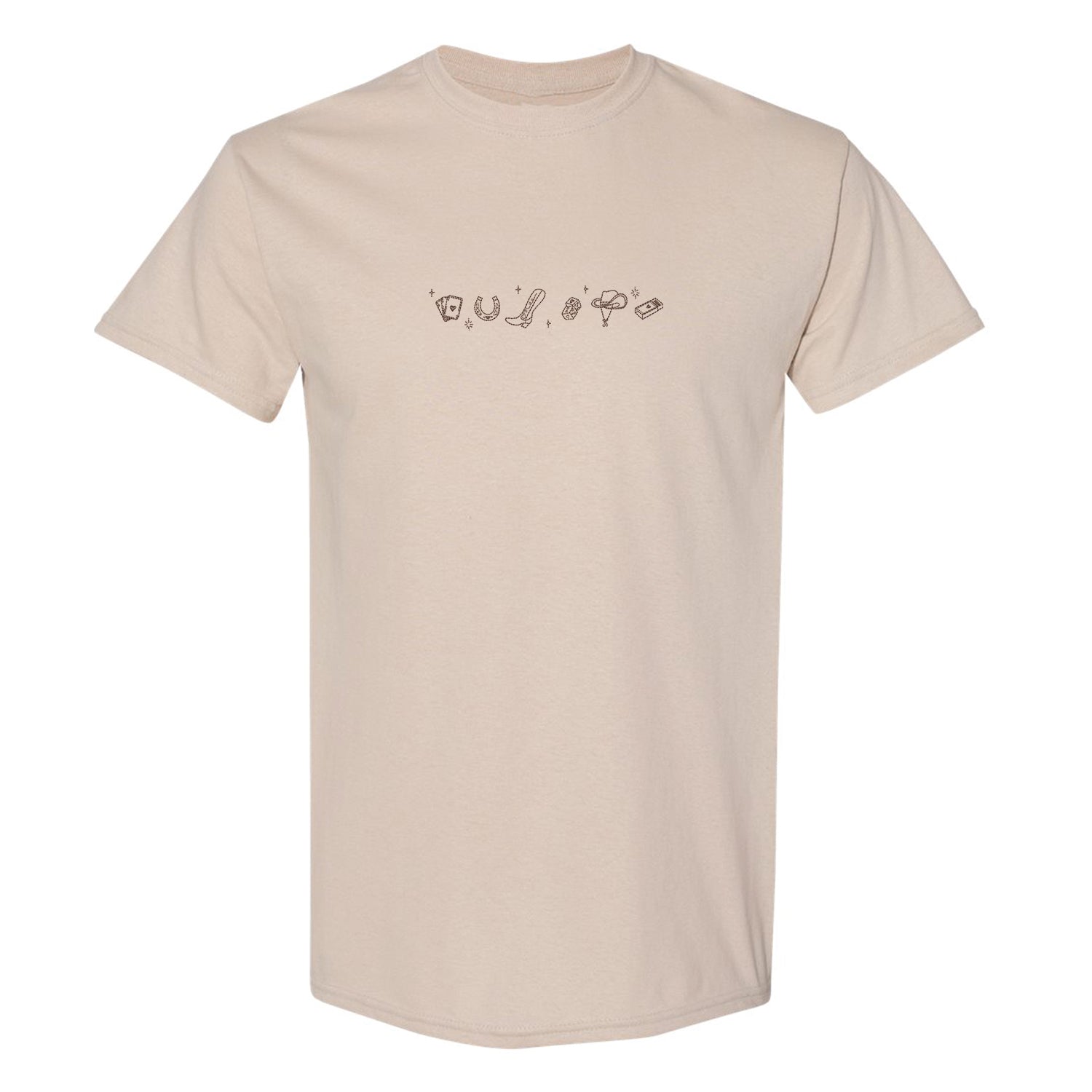 visuel de t-shirt à manches courtes beige avec une broderie d'icones du thème western country brodé en brun