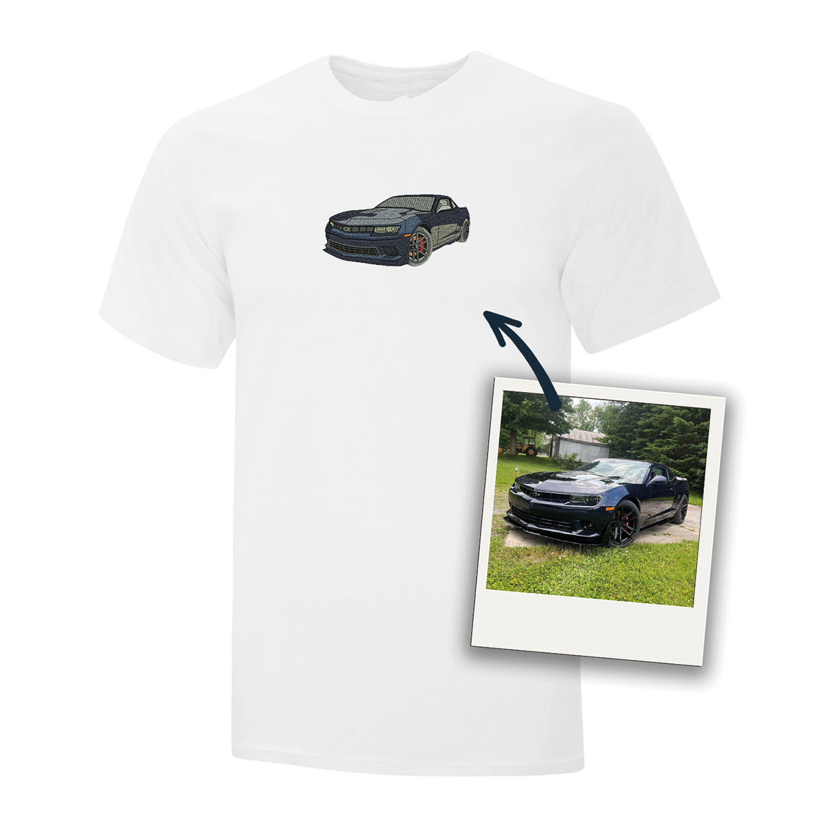 t-shirt blanc brodé d'une voiture brodé produit personnalisable mustang