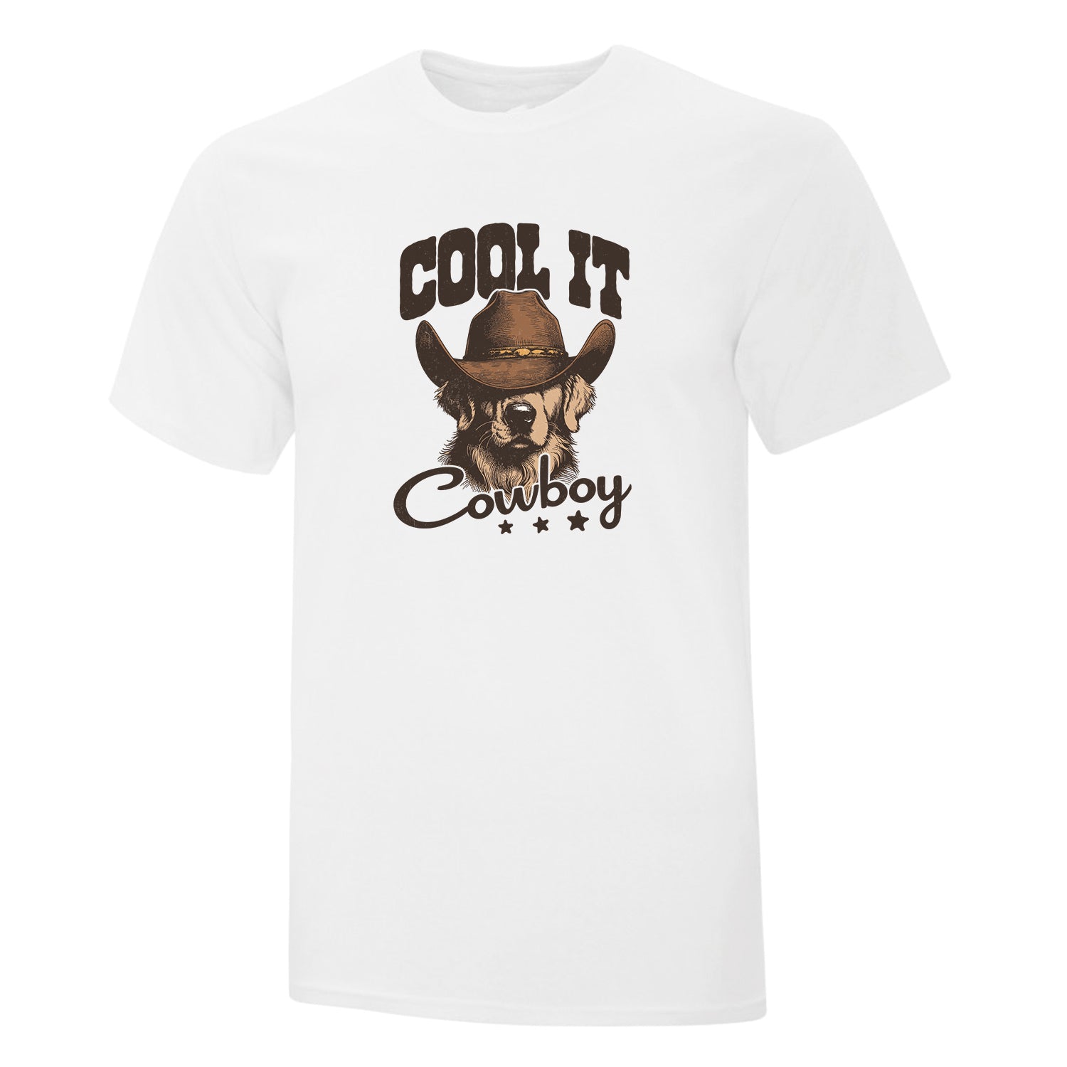 visuel d'un t-shirt à manches courtes blanc avec un imprimé de golden retriever portant un chapeau de cowboy avec l'inscription "cool it cowboy"