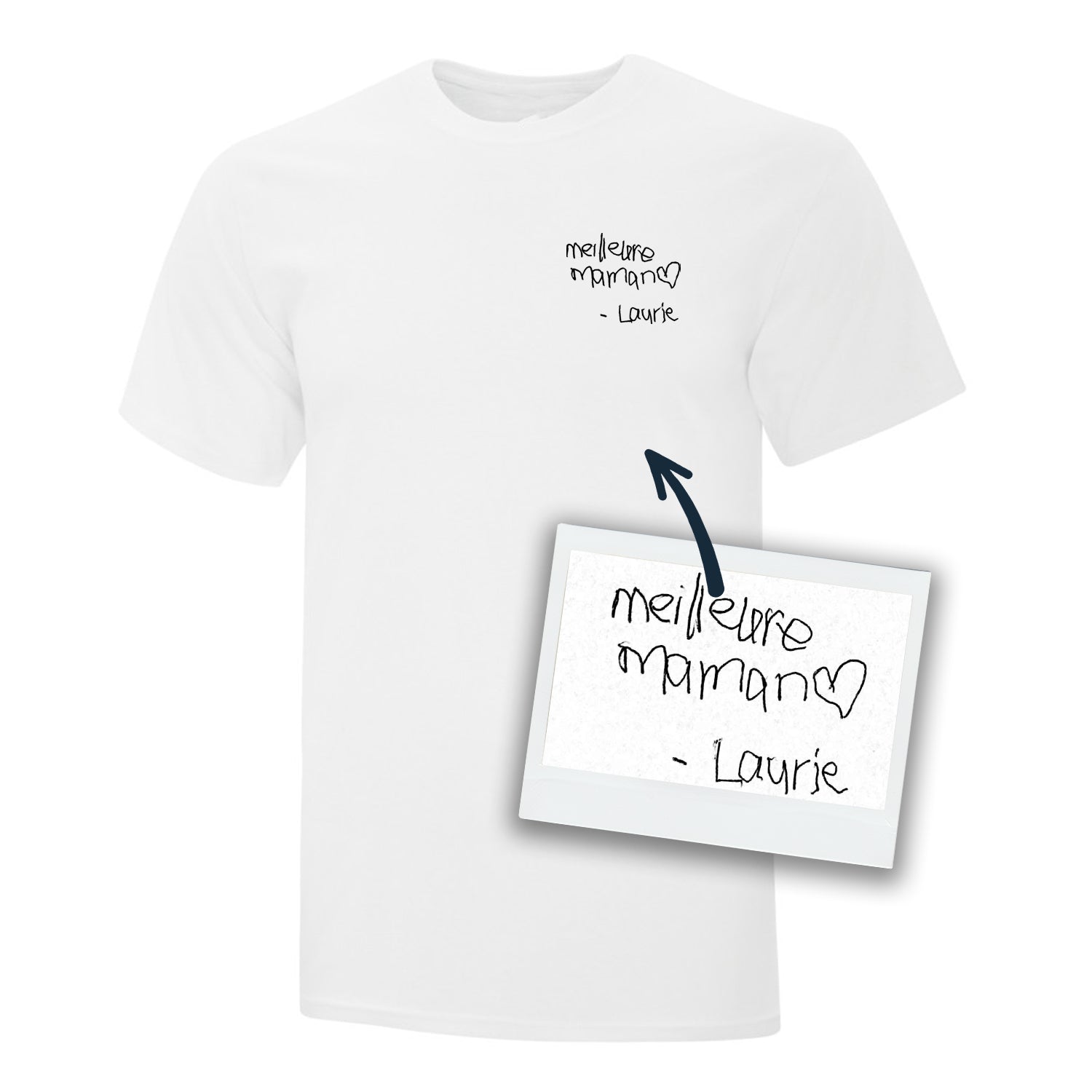 t-shirt à manches courtes blanc avec une écriture personnalisée brodée écrite à la main par un proche