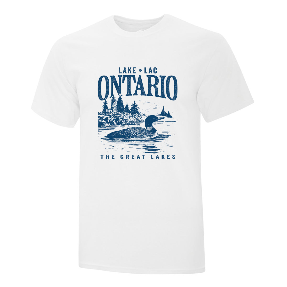 t-shirt à manches courtes blanc avec un imprimé du lac ontario en bleu foncé