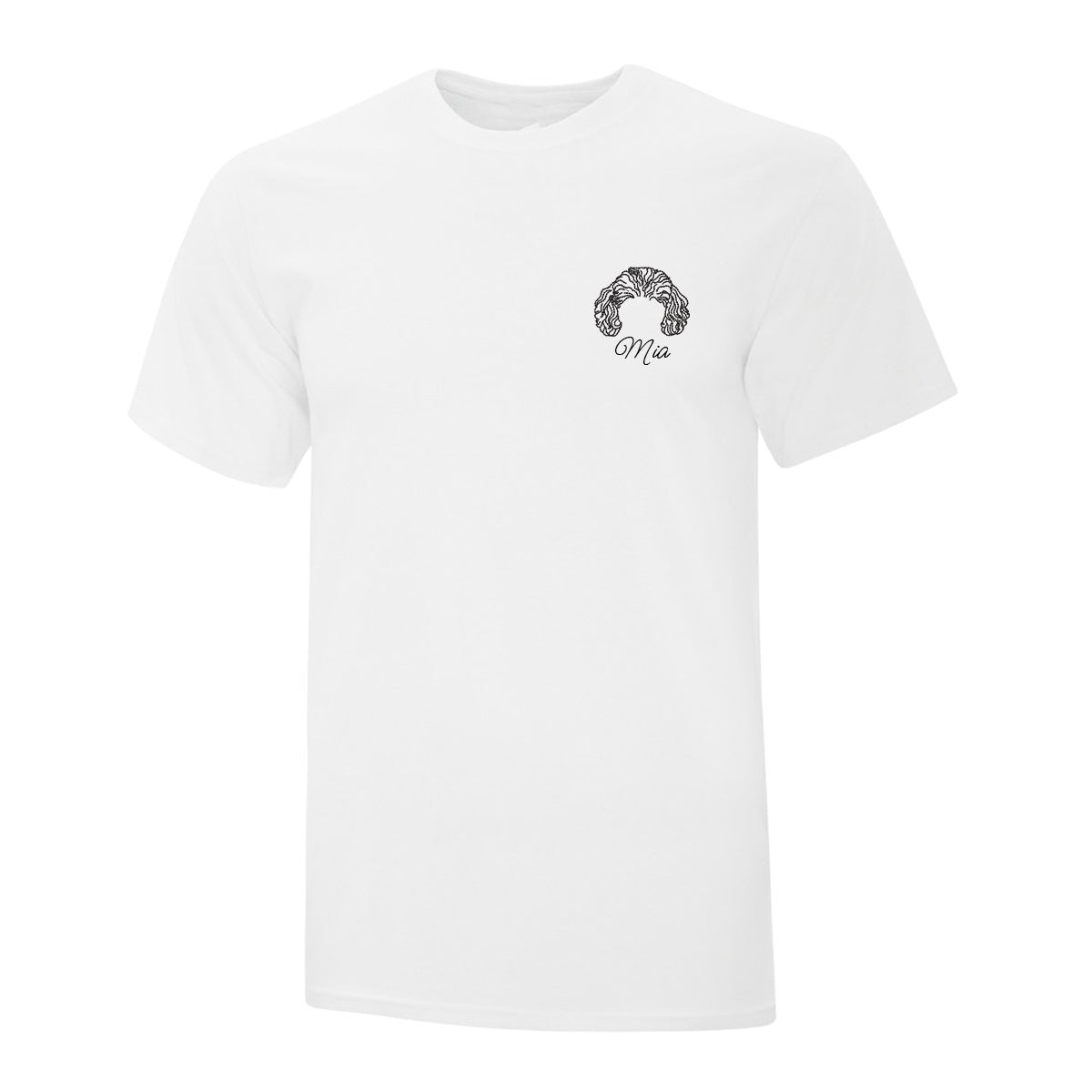 t-shirt manches courtes blanc avec broderie minimaliste d'oreilles de chien au coeur avec leur prénom en dessous en noir. personnalisable