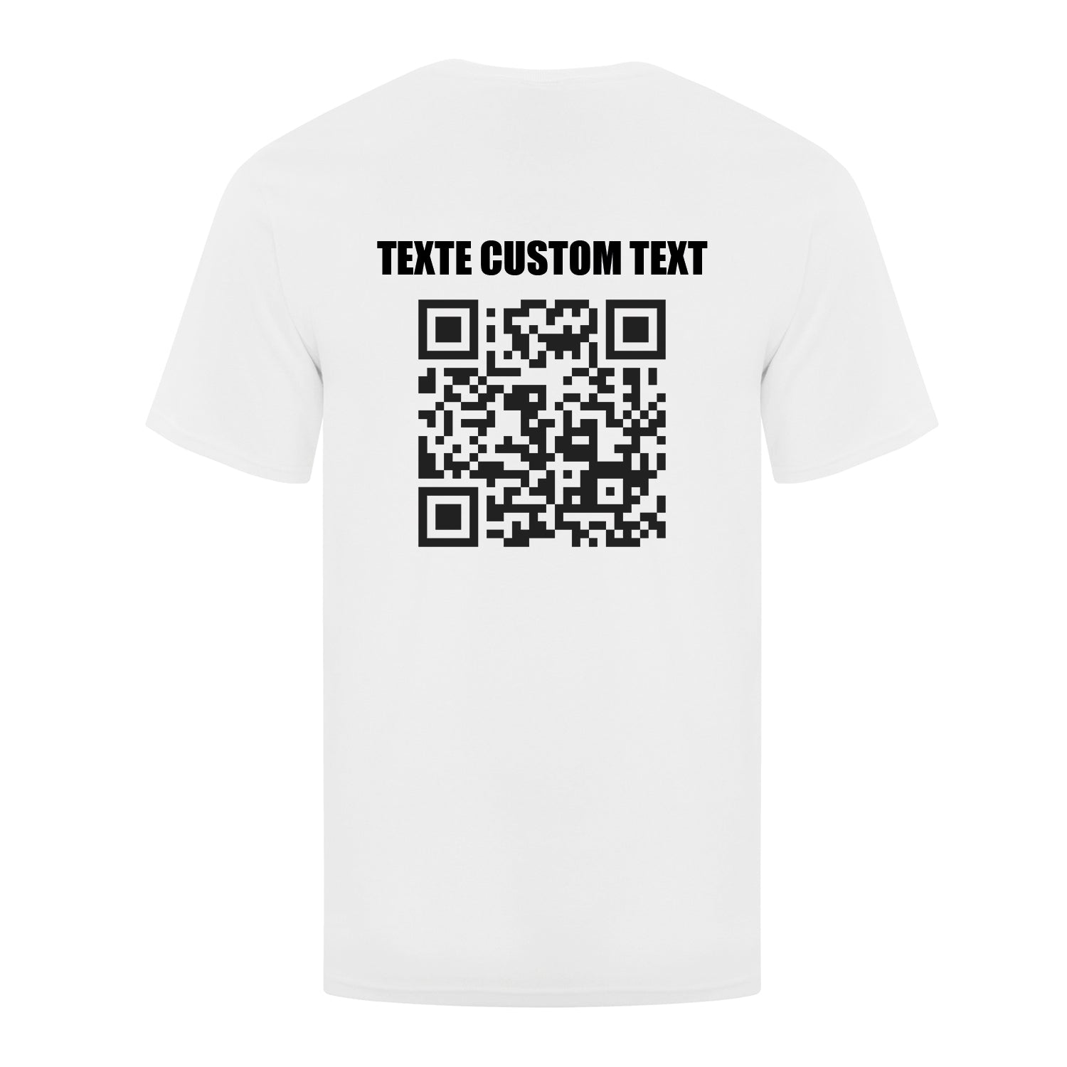visuel d'un t-shirt blanc avec un imprimé personnalisé de code QR et de texte en noir