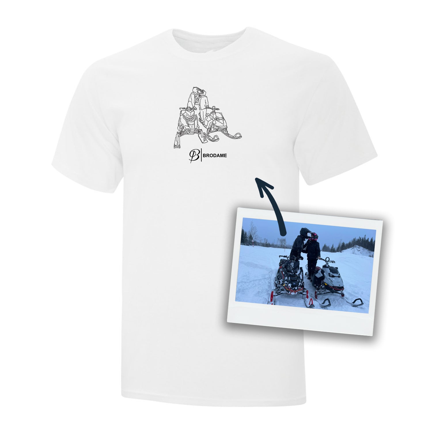 t-shirt blanc personnalisé avec une silhouette brodée dessinée à partir d'une photo avec l'ajout du logo brodame en dessous