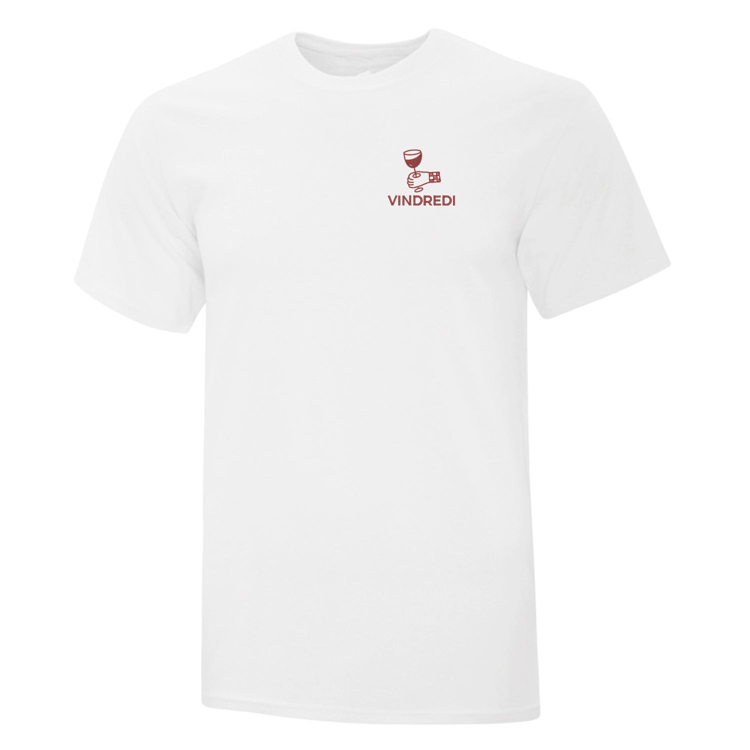 t-shirt blanc avec broderie "Vindredi" au coeur. Main qui tient un verre de vin. Broderie de couleur bourgogne. Collection d'expressions québécoises.