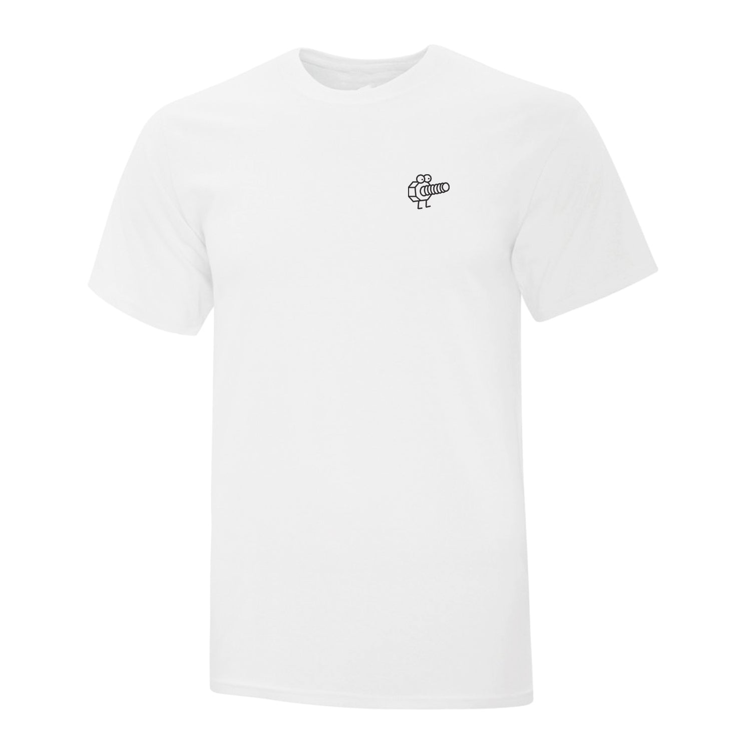 t-shirt blanc avec une broderie de vis animée brodée à gauche du chandail en noir