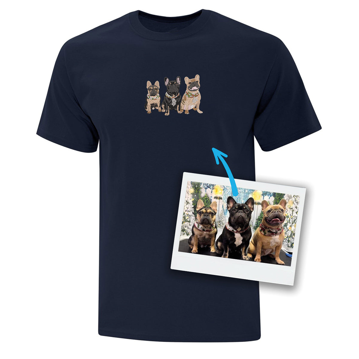 t-shirt à manches courtes bleu marin avec une broderie de chiens faite à partir d'une photo