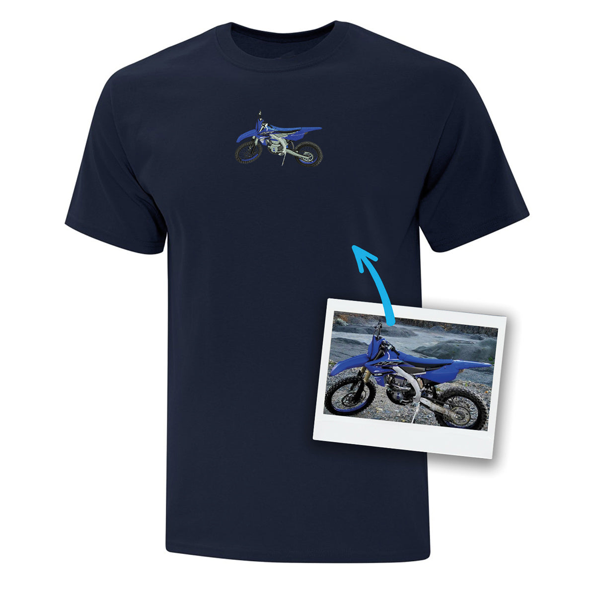 t-shirt  bleu marin brodé d'un motocross brodé produit personnalisable
