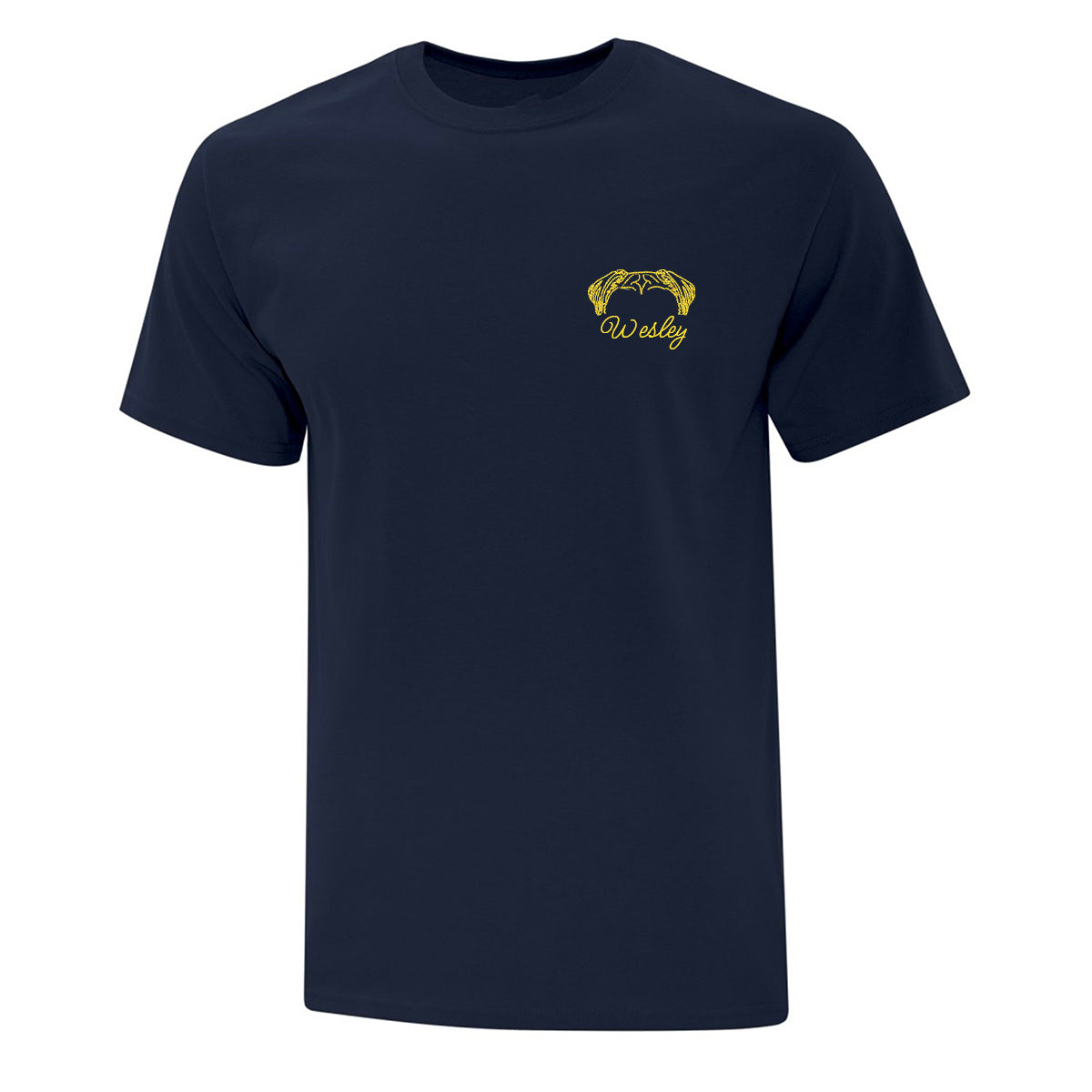 t-shirt manches courtes bleu marin avec broderie minimaliste d'oreilles de chien au coeur avec leur prénom en dessous en jaune. personnalisable