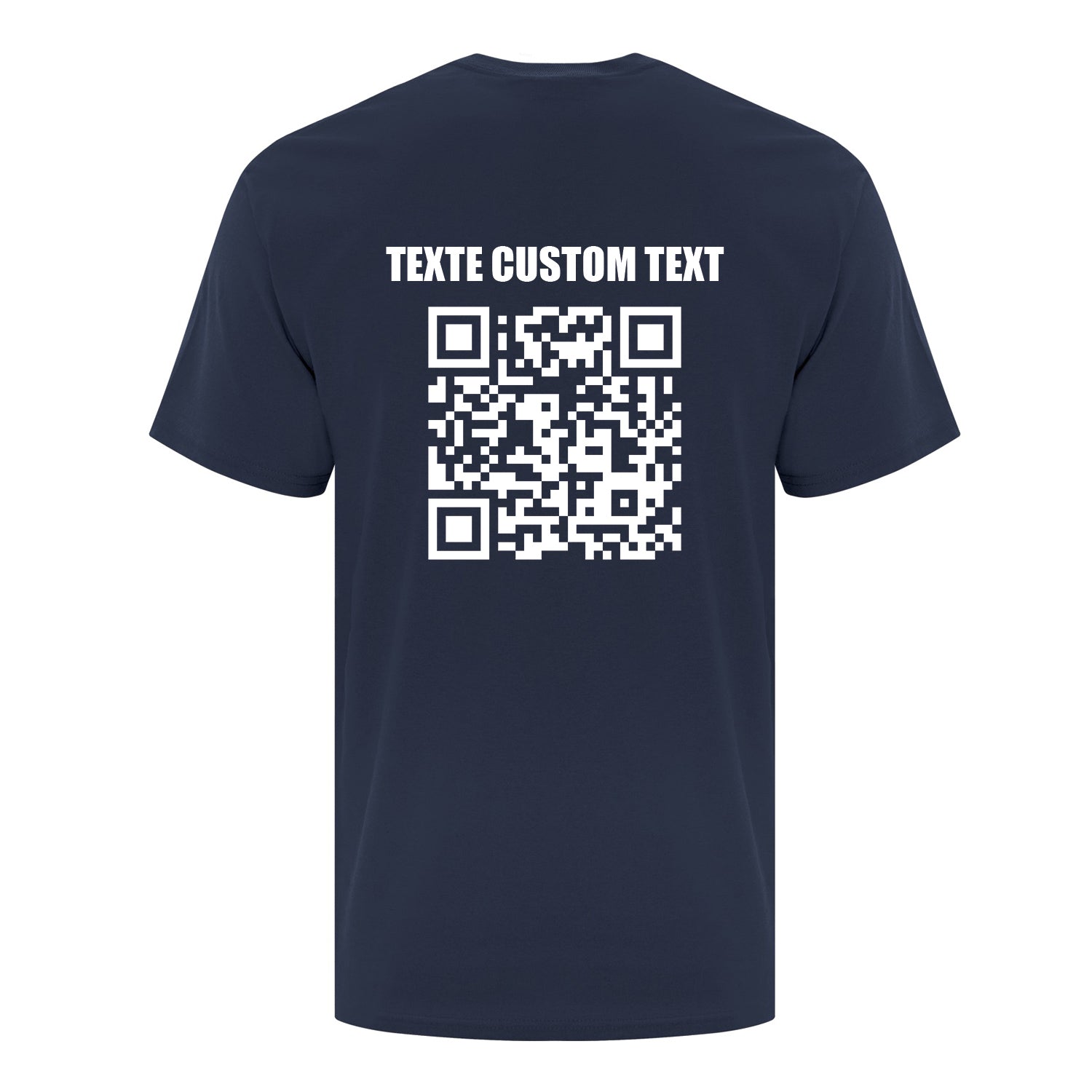 visuel d'un t-shirt bleu marin avec un imprimé personnalisé de code QR et de texte en blanc