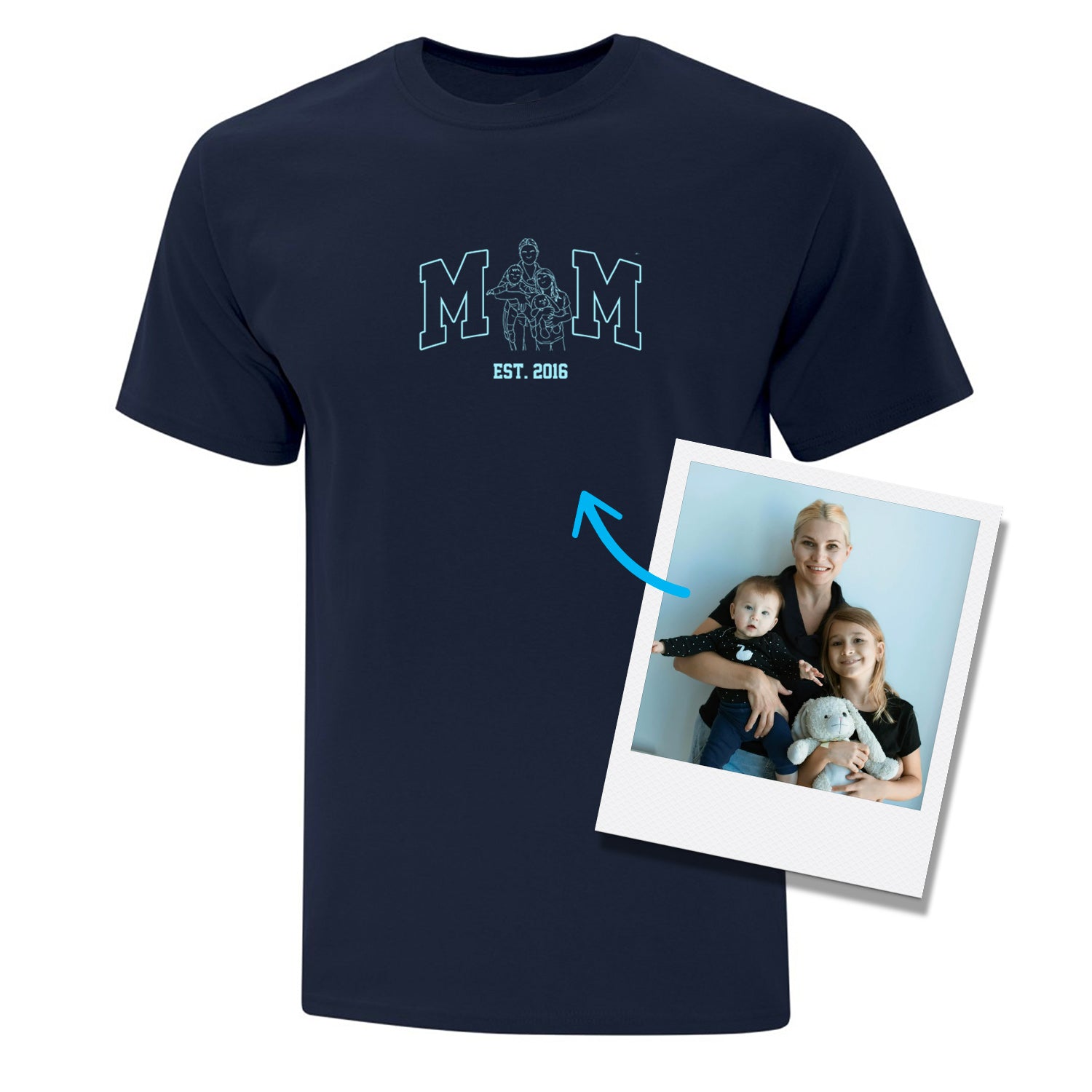 t-shirt manches courtes bleu marin avec broderie MOM bleu pâle et silhouette dessinée à partir d'une photo qui remplace le O