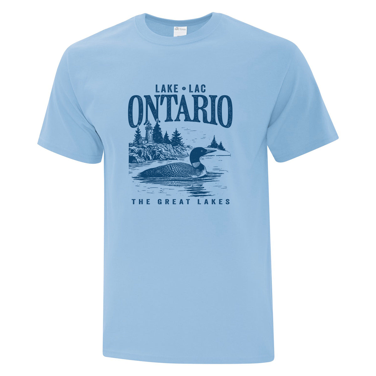 t-shirt à manches courtes bleu pâle avec un imprimé du lac ontario en bleu foncé