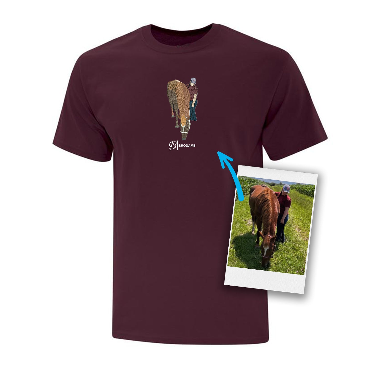 t-shirt à manches courtes bourgogne avec une broderie de cheval et son maitre faite à partir d'une photo et logo Brodame en-dessous