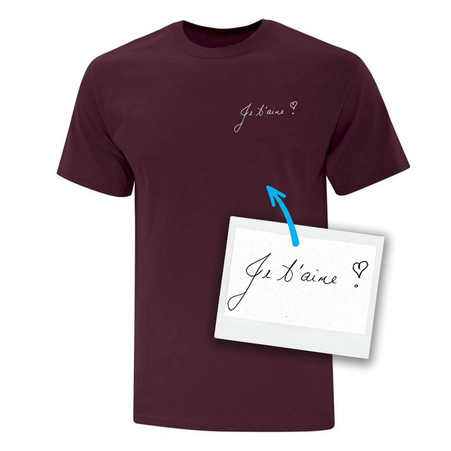 t-shirt à manches courtes bourgogne avec une écriture personnalisée brodée écrite à la main par un proche