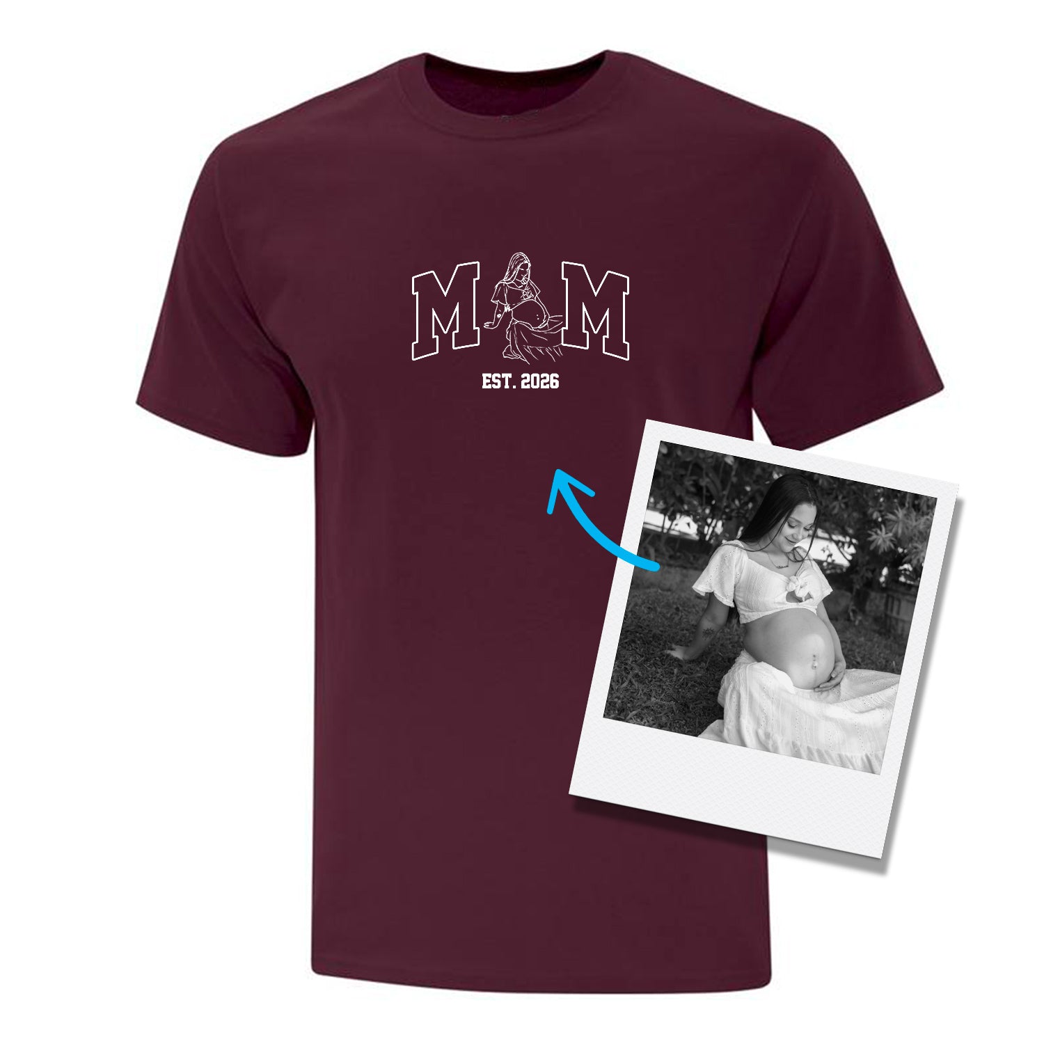 t-shirt manches courtes bourgogne avec broderie MOM blanc et silhouette dessinée à partir d'une photo qui remplace le O