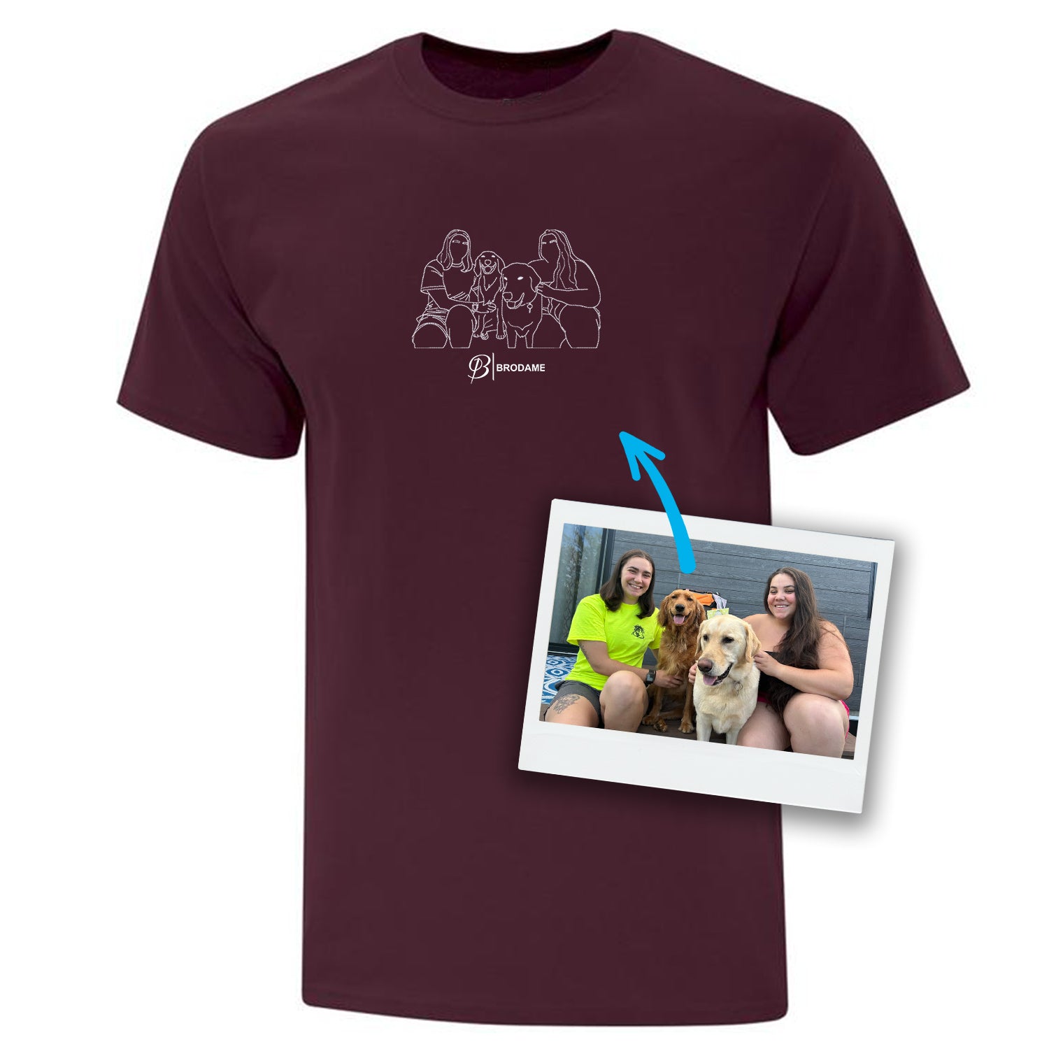 t-shirt bourgogne personnalisé avec une silhouette brodée dessinée à partir d'une photo avec l'ajout du logo brodame en dessous