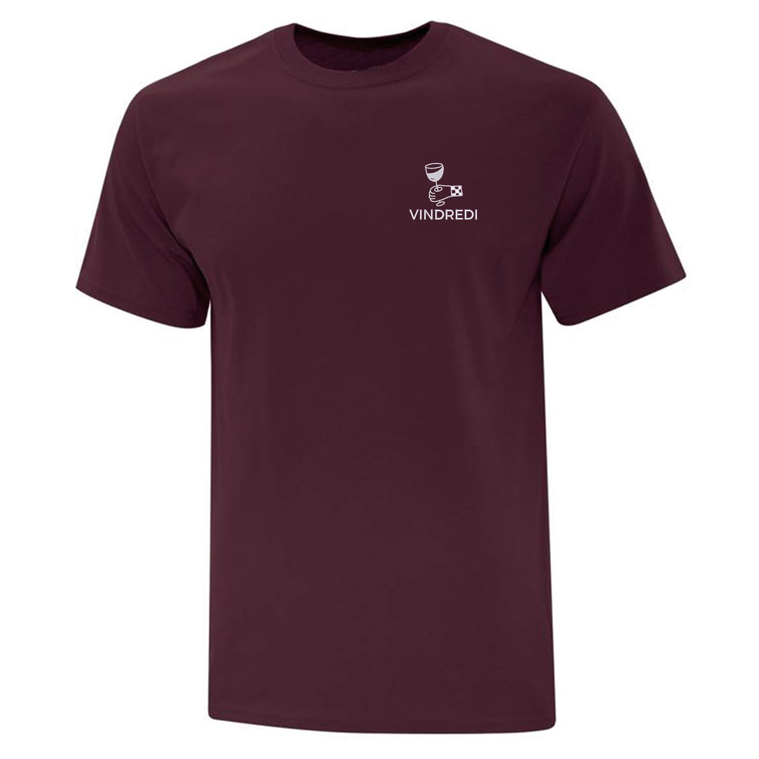 t-shirt de couleur bourgogne avec broderie "Vindredi" au coeur. Main qui tient un verre de vin. Broderie de couleur blanche. Collection d'expressions québécoises.
