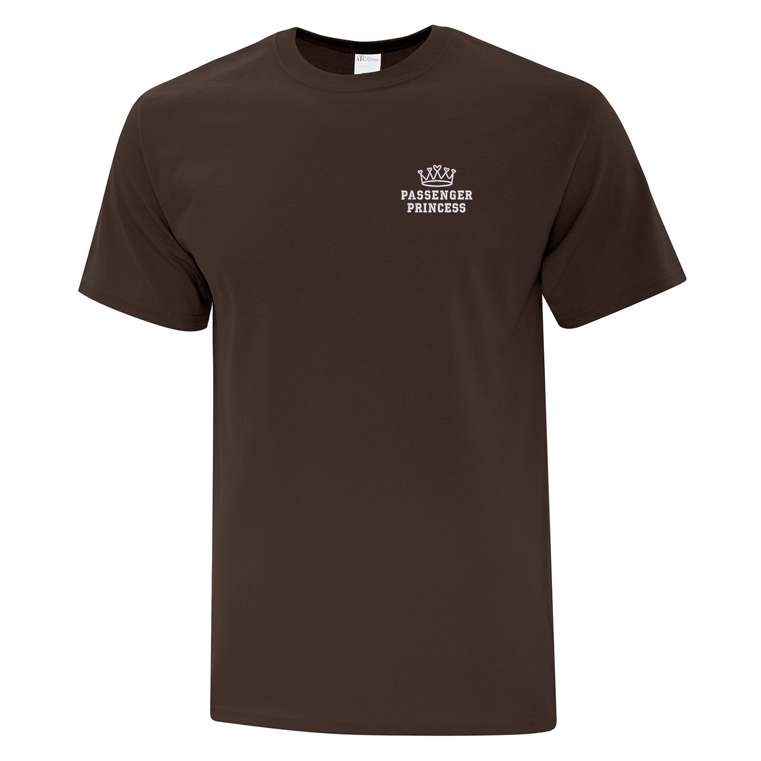 t-shirt à manches courtes unisexe brun avec une broderie blanche écrit "passenger princess" avec une couronne au-dessus situé au coeur.