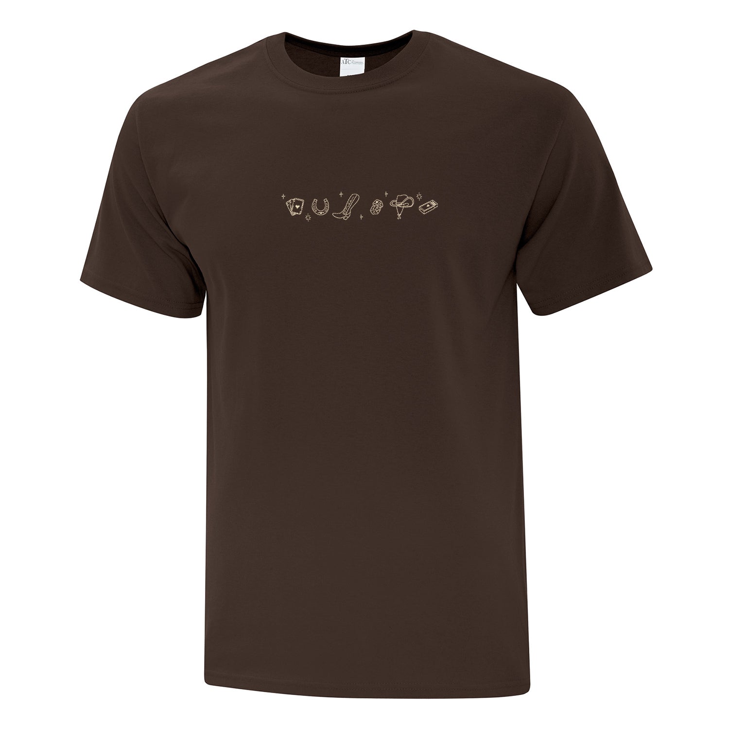 visuel de t-shirt à manches courtes brun avec une broderie d'icones du thème western country brodé en beige
