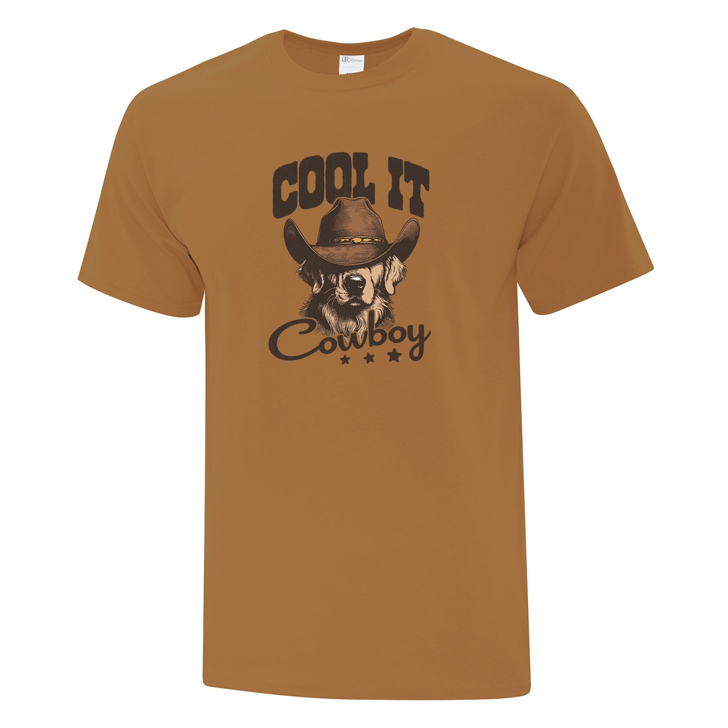visuel d'un t-shirt à manches courtes caramel avec un imprimé de golden retriever portant un chapeau de cowboy avec l'inscription "cool it cowboy"