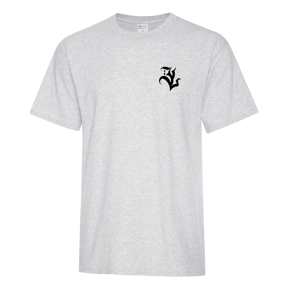 t-shirt à manches courtes gris cendré vu de face avec une impression 3" en noir au coeur