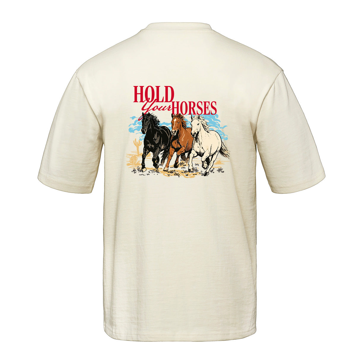t-shirt heavyweight coupe ample creme avec imprimé Hold your horses et des chevaux dans le dos