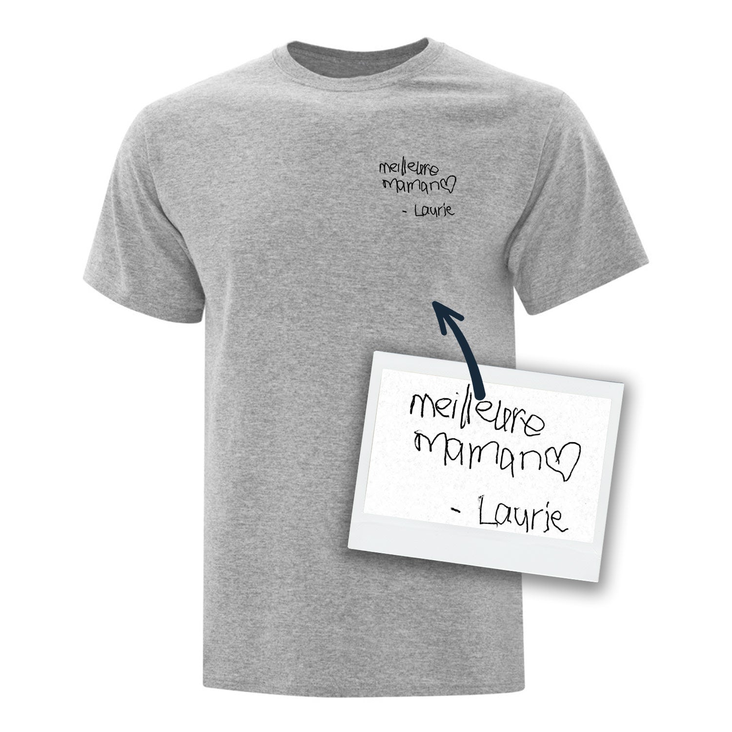 t-shirt à manches courtes gris pâle avec une écriture personnalisée brodée écrite à la main par un proche