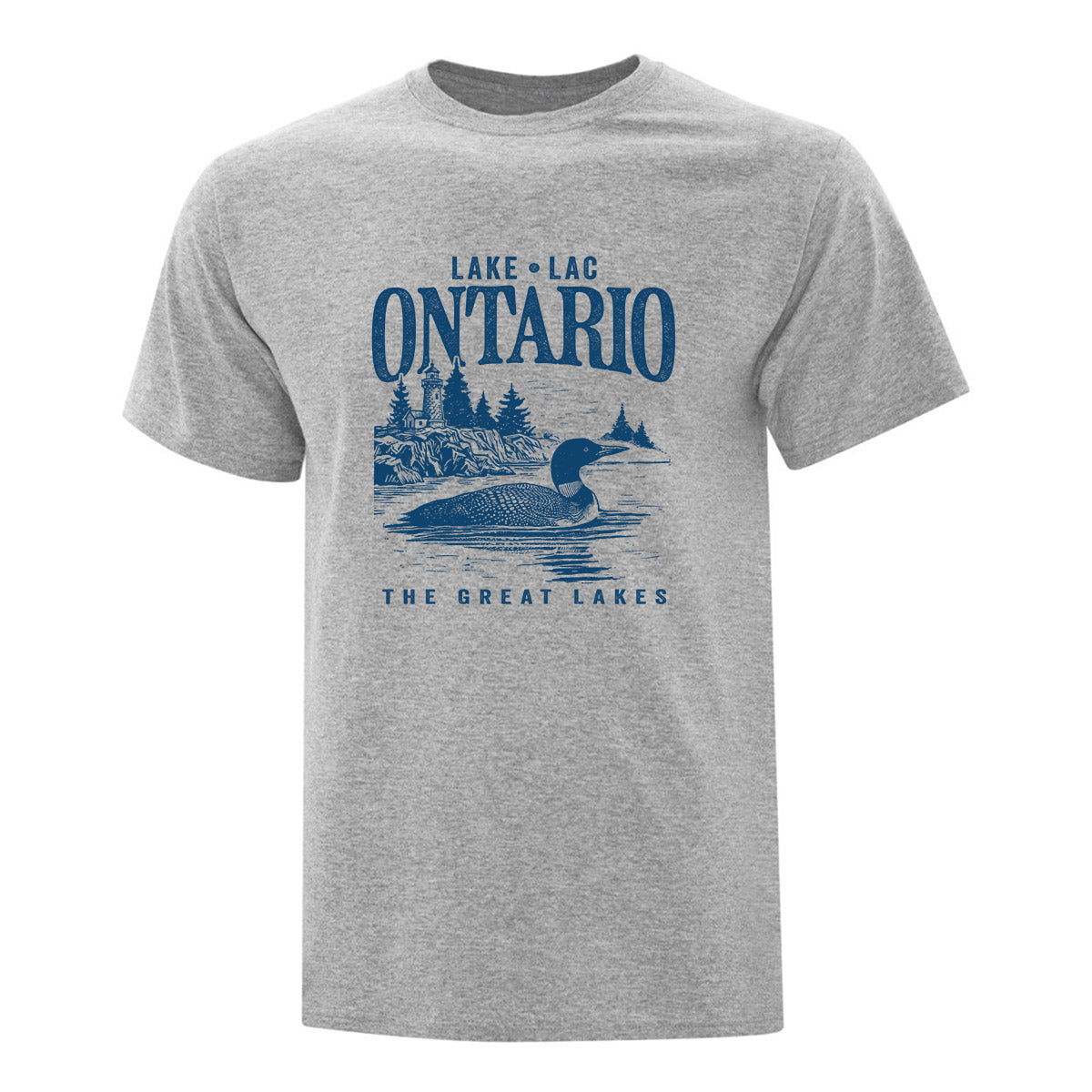 t-shirt à manches courtes gris pâle avec un imprimé du lac ontario en bleu foncé