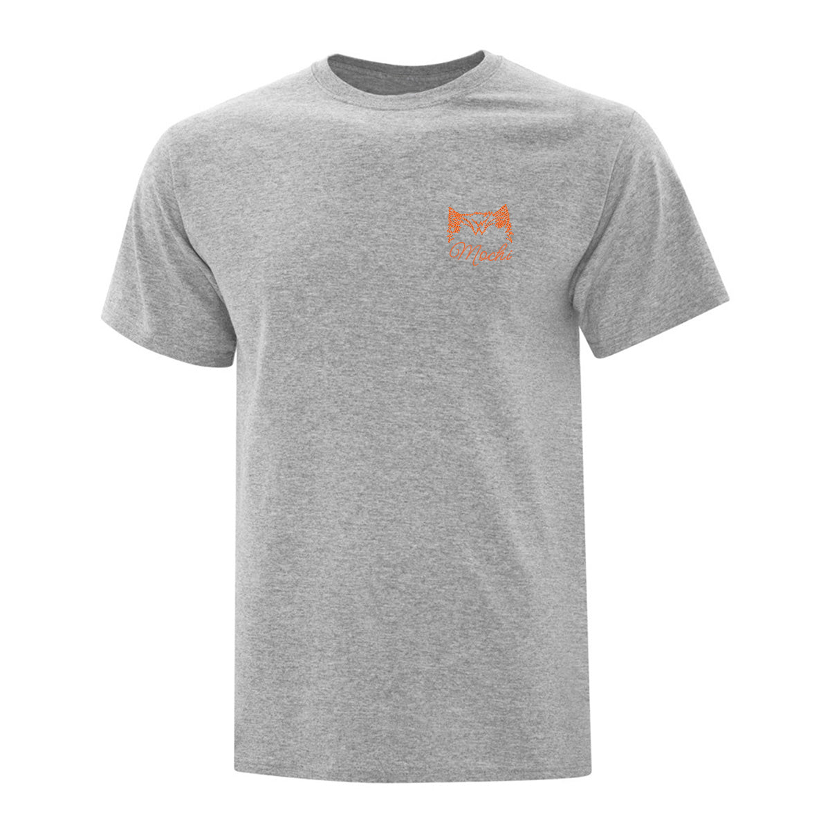 t-shirt gris pâle avec broderie au coeur orange d'oreilles de chat et le nom du chat en dessous