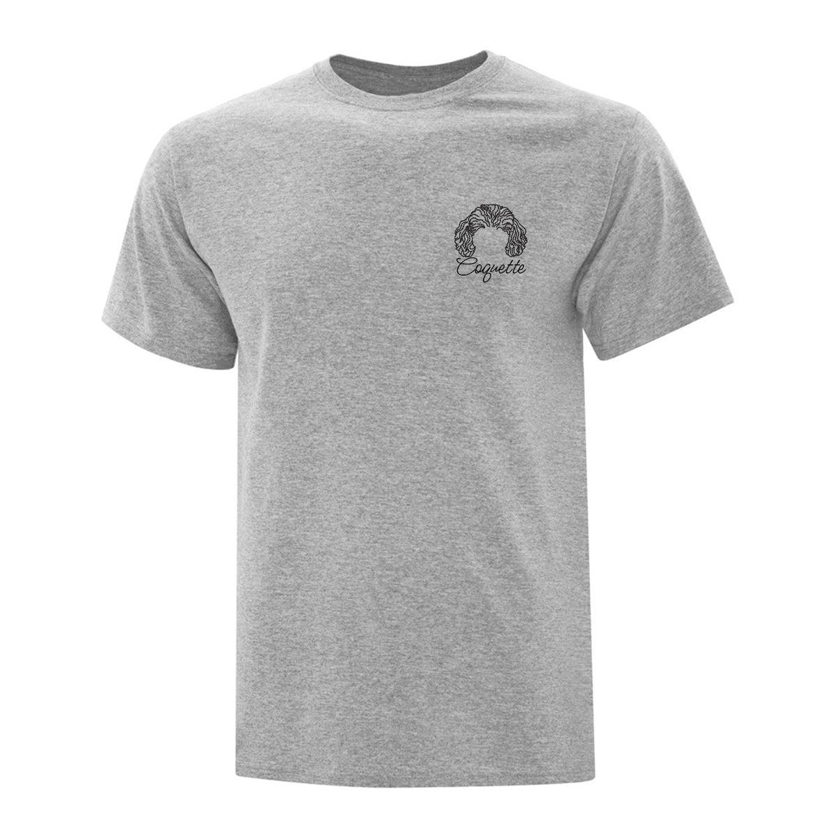 t-shirt manches courtes gris pâle avec broderie minimaliste d'oreilles de chien au coeur avec leur prénom en dessous en noir. personnalisable