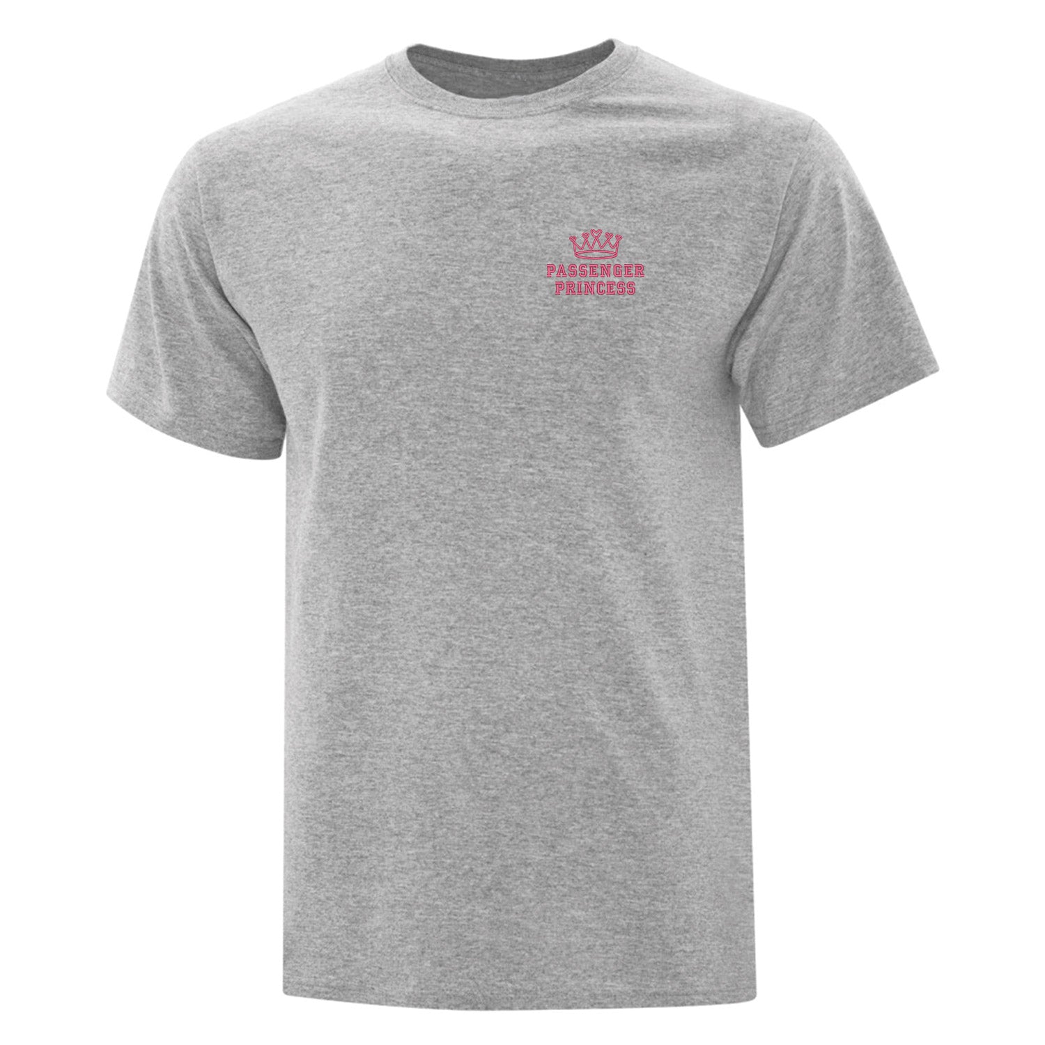 t-shirt à manches courtes unisexe gris pâle avec une broderie rose foncé écrit "passenger princess" avec une couronne au-dessus situé au coeur.