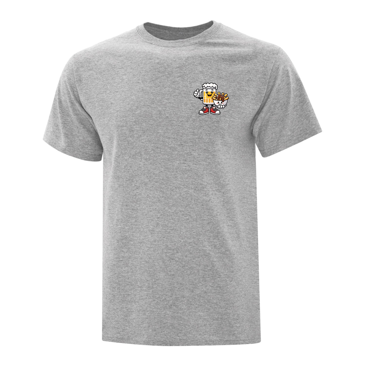t-shirt gris pâle à manches courtes avec un imprimé au coeur d'une bière et d'une poutine.