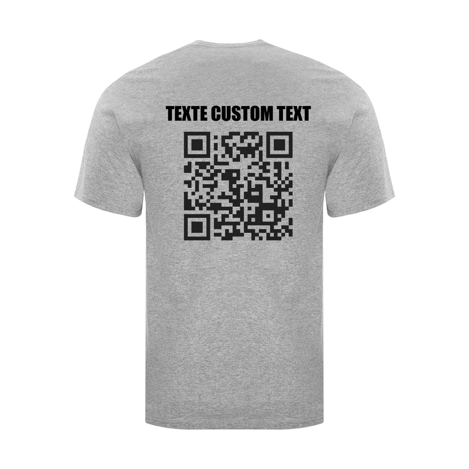 visuel d'un t-shirt gris pâle avec un imprimé personnalisé de code QR et de texte en noir