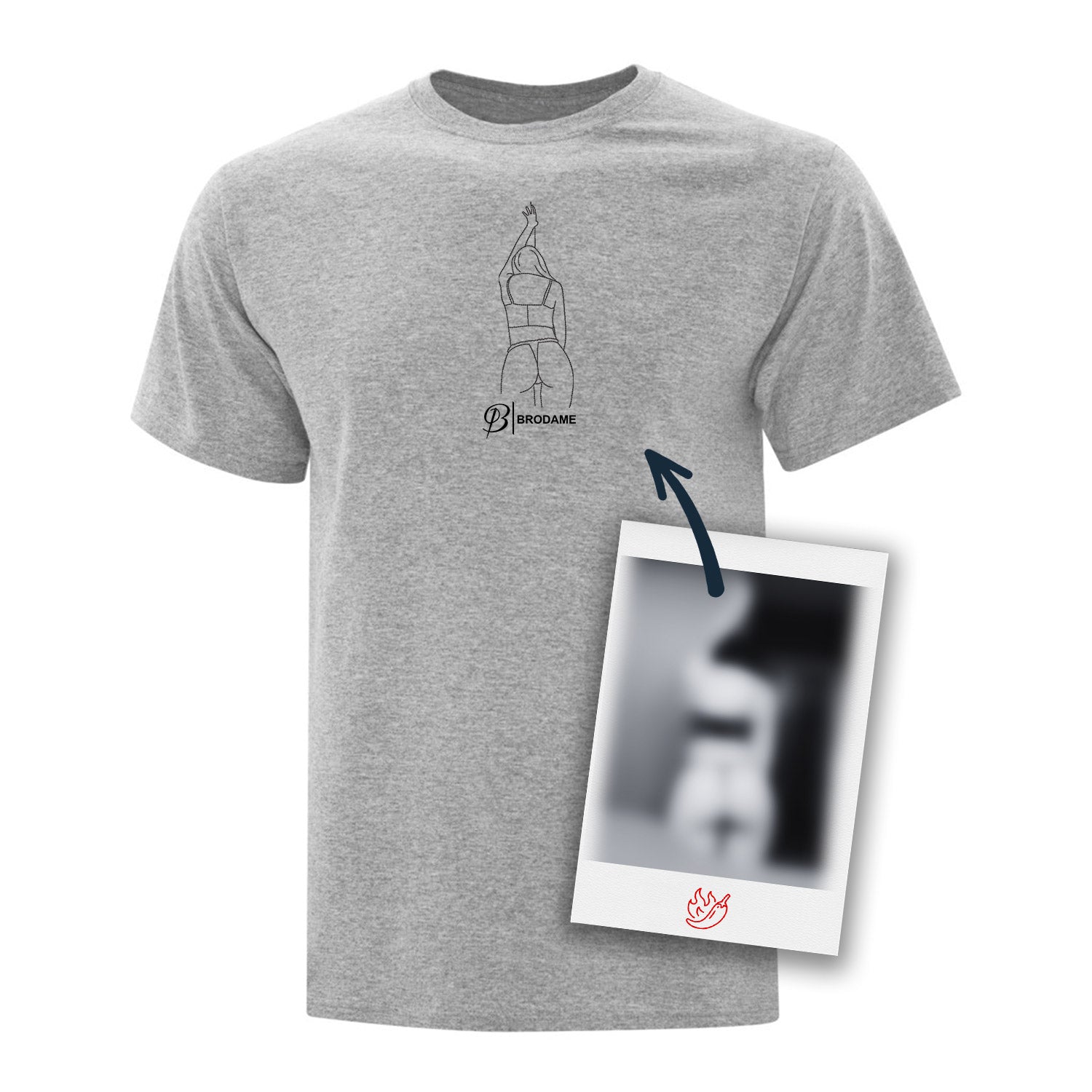 t-shirt à manches courtes gris pâle avec une silhouette spicy brodée en noir dessinée à partir d'une photo