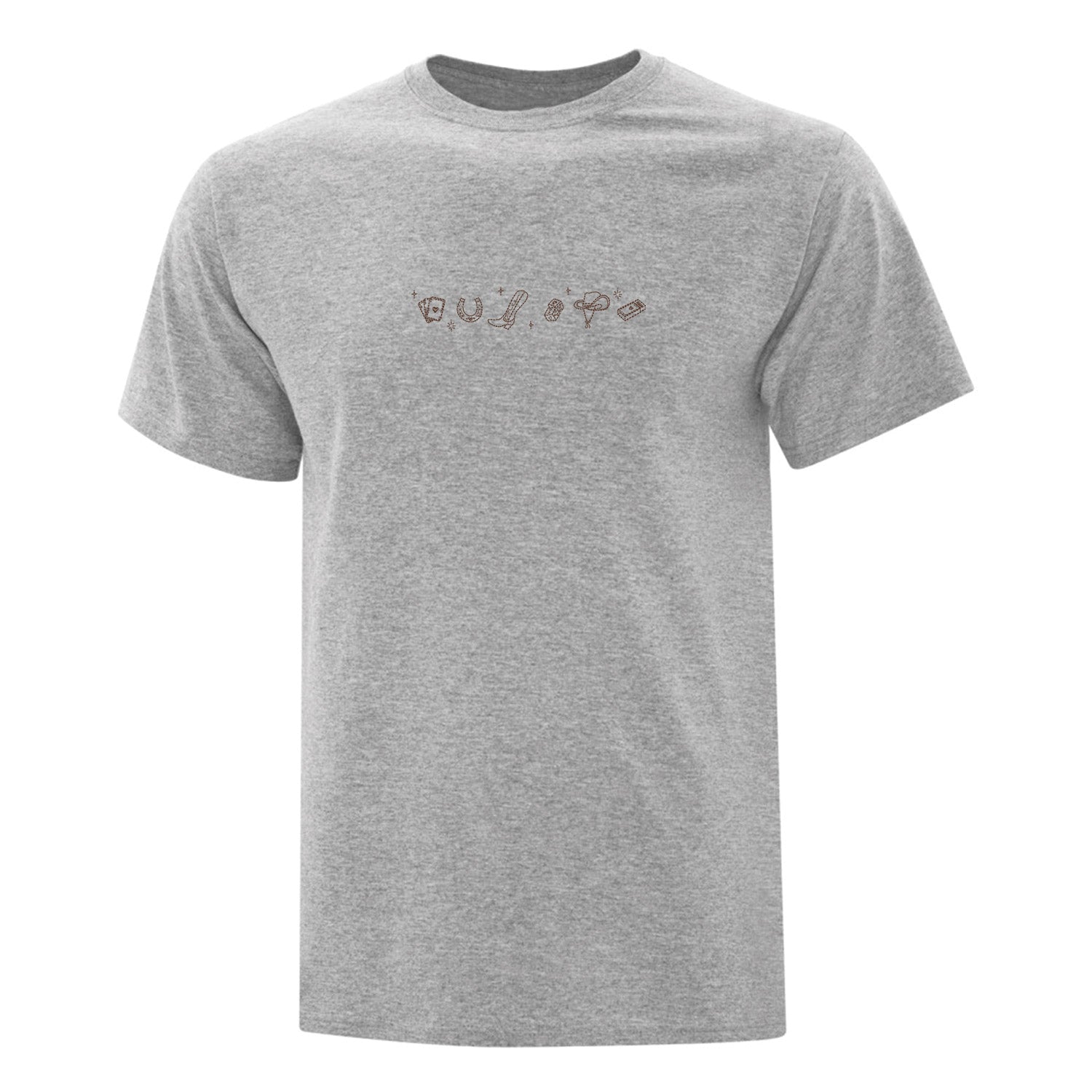 visuel de t-shirt à manches courtes gris pâle avec une broderie d'icones du thème western country brodé en brun