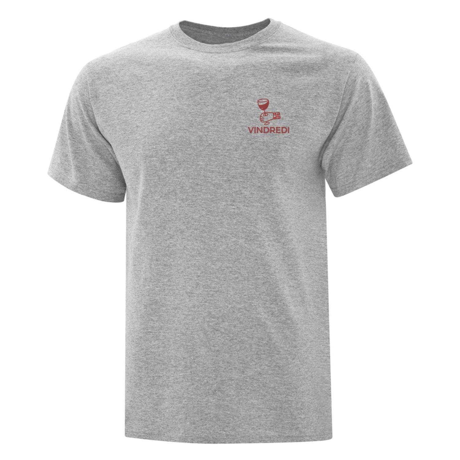 t-shirt gris pâle avec broderie "Vindredi" au coeur. Main qui tient un verre de vin. Broderie de couleur bourgogne. Collection d'expressions québécoises.
