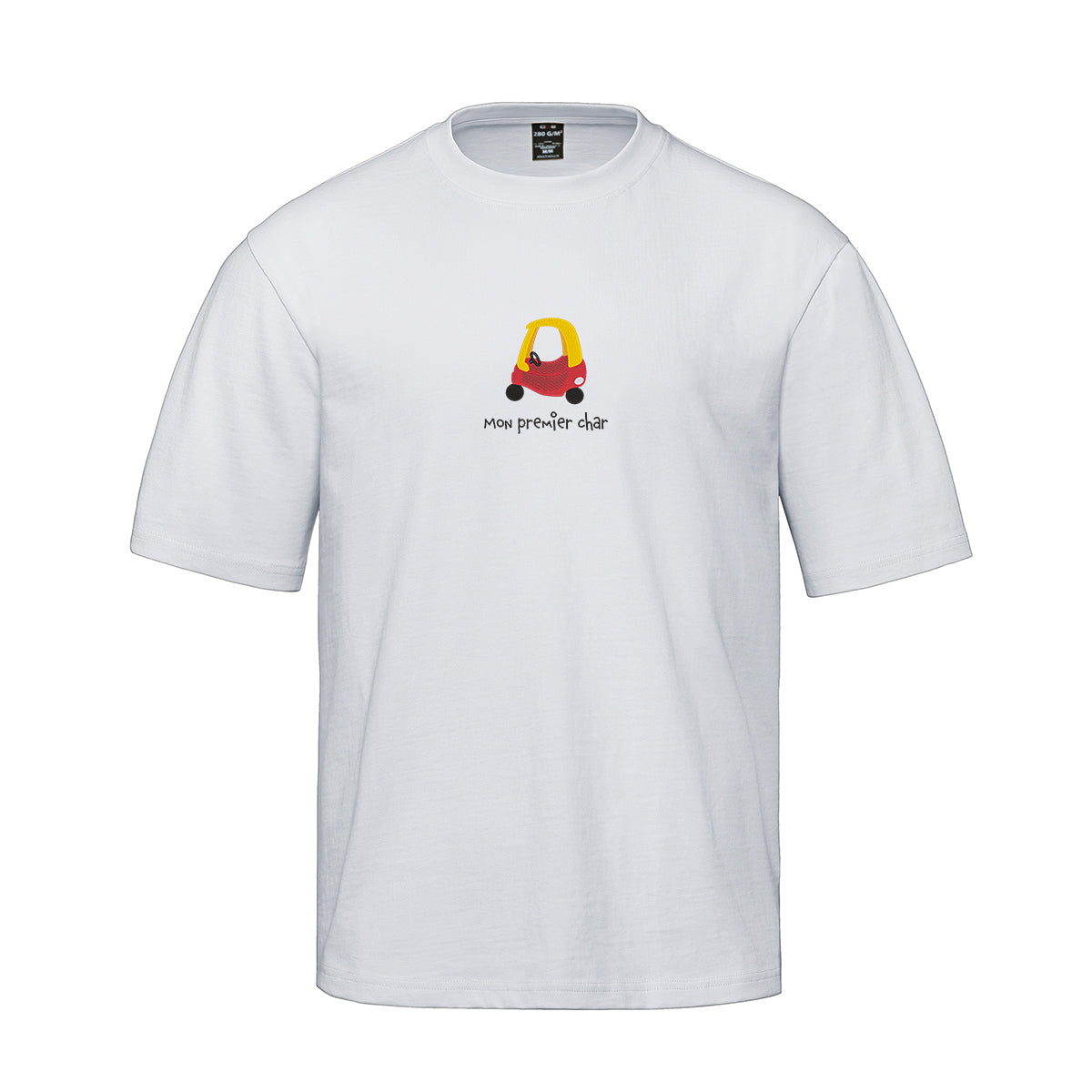 t-shirt manches courtes blanc oversized, heavyweight avec broderie auto jouet rouge et jaune années 90
