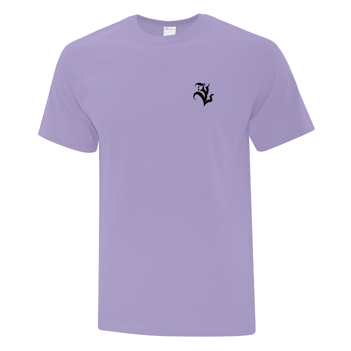 t-shirt à manches courtes lavande vu de face avec une impression 3" en noir au coeur