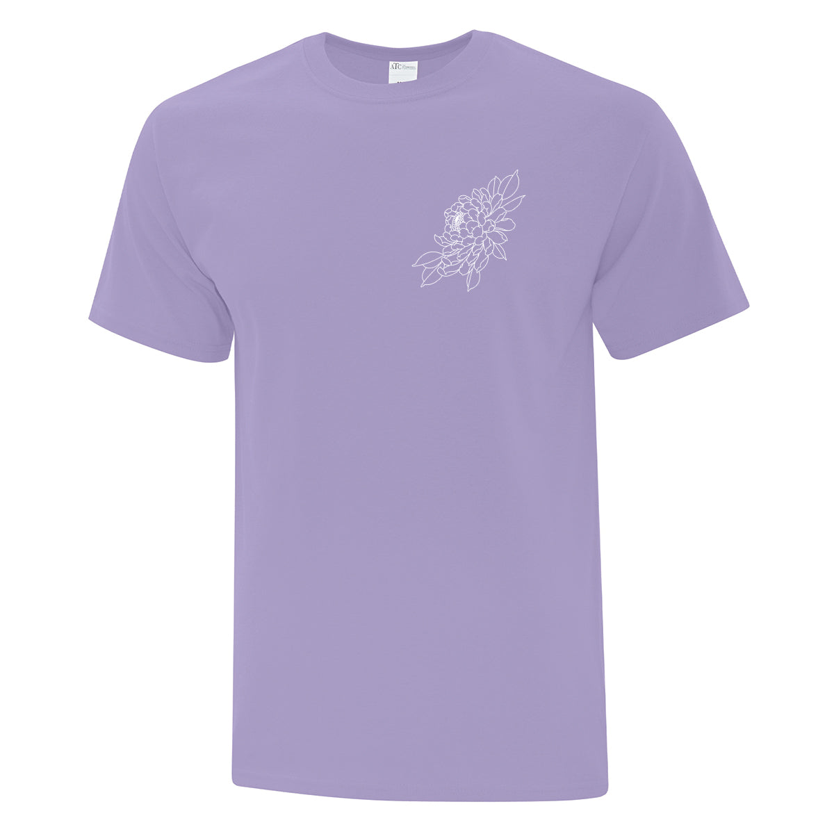 t-shirt manches courtes lavande avec imprimé botanique fleural en blanc au coeur