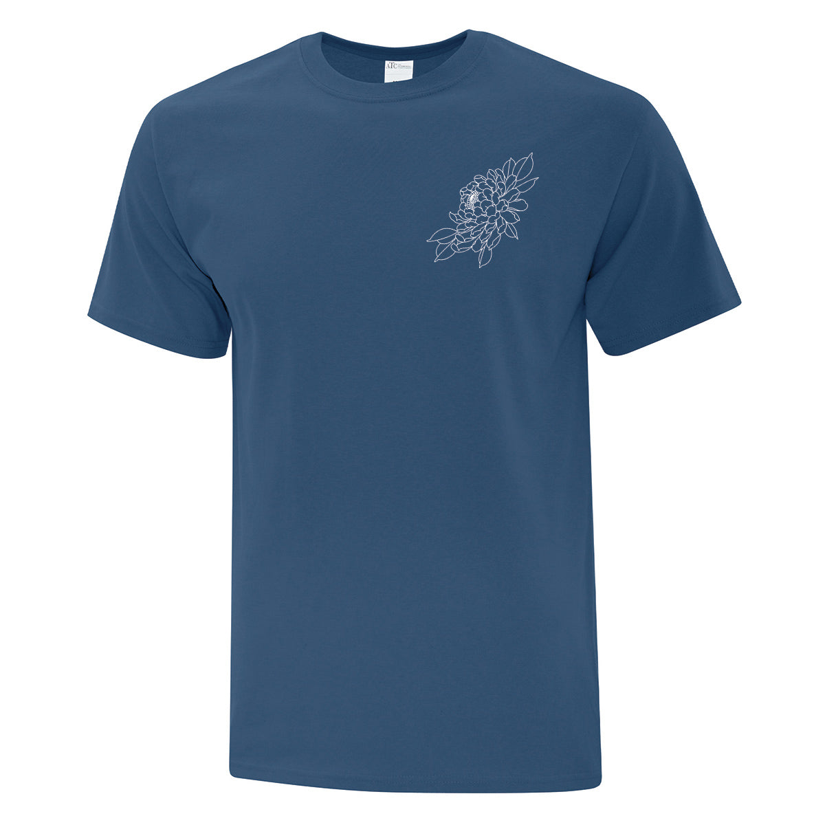 t-shirt manches courtes bleu neptune avec imprimé botanique fleural en blanc au coeur