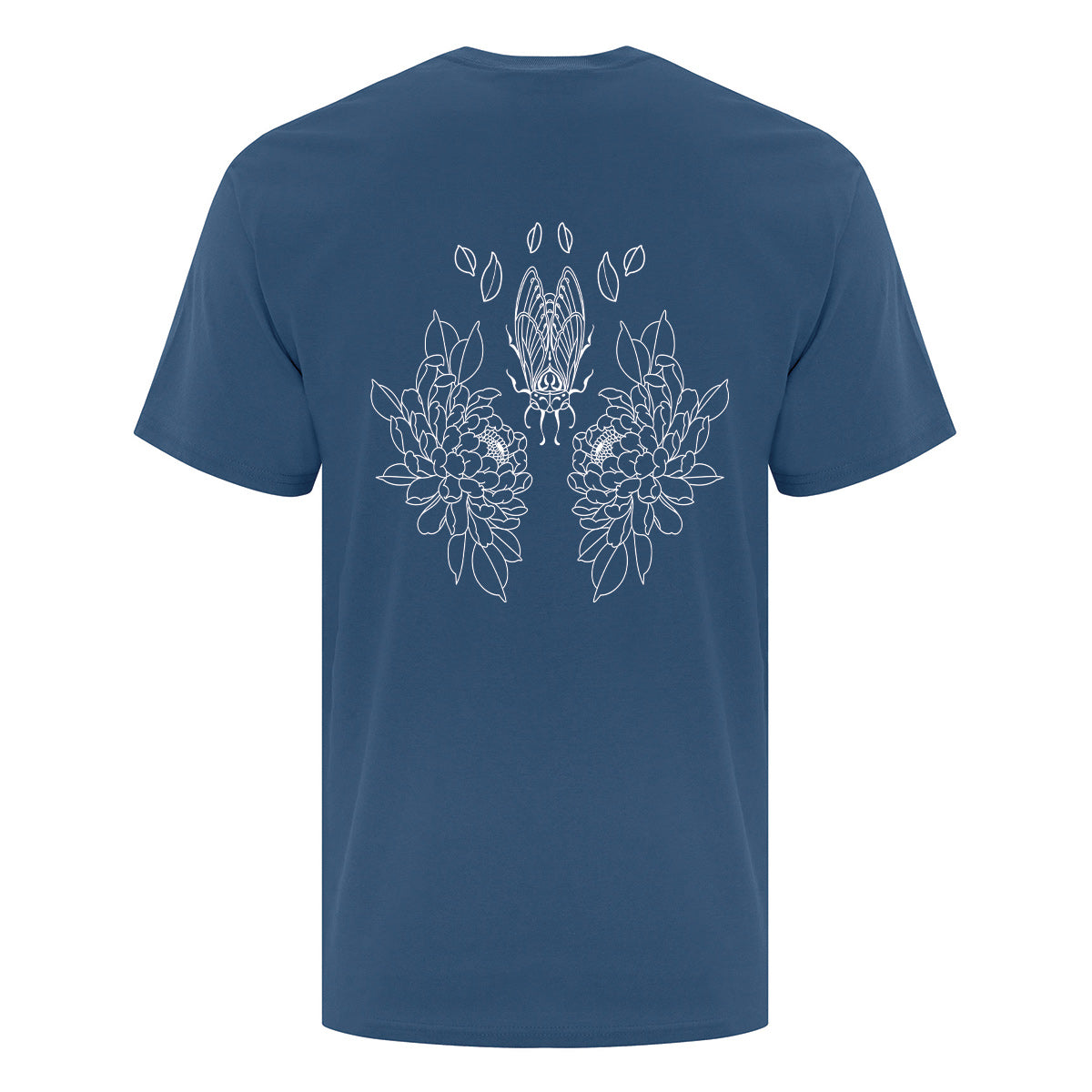 t-shirt manches courtes bleu neptune avec imprimé botanique fleural en gros à l'arrière en blanc