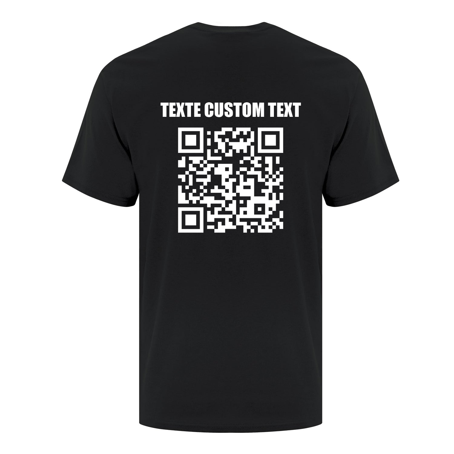 visuel d'un t-shirt noir avec un imprimé personnalisé de code QR et de texte en blanc