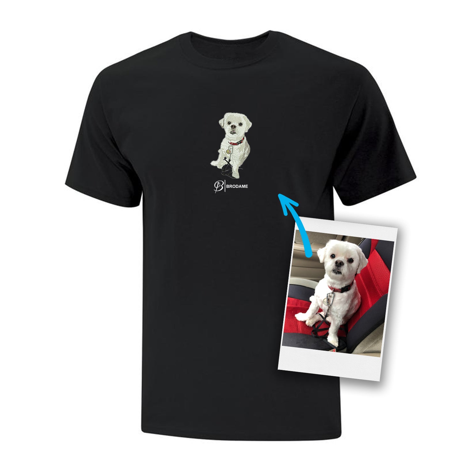 t-shirt à manches courtes noir avec une broderie de chien faite à partir d'une photo et logo Brodame en-dessous