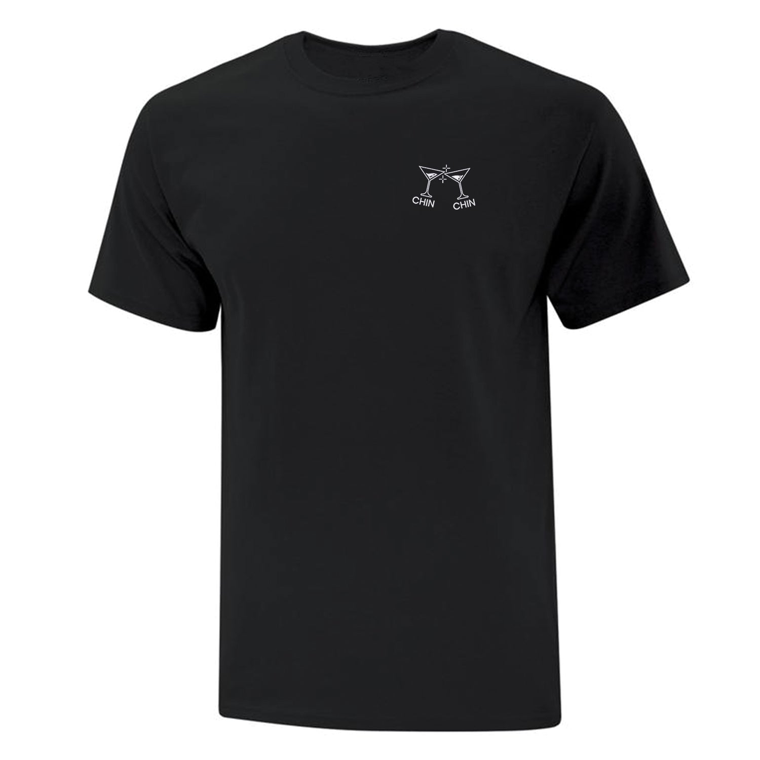 T-shirt noir "Chin Chin" brodé au coeur. Un dessin de deux coupes à cocktails qui font chin chin ensemble est brodé en blanc. Collection d'expressions québécoises 2025. 