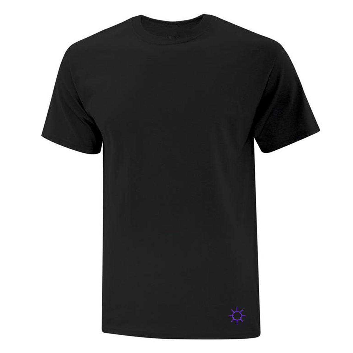 t-shirt manches courtes noir avec un soleil minimaliste mauve imprimé au coin inférieur droit