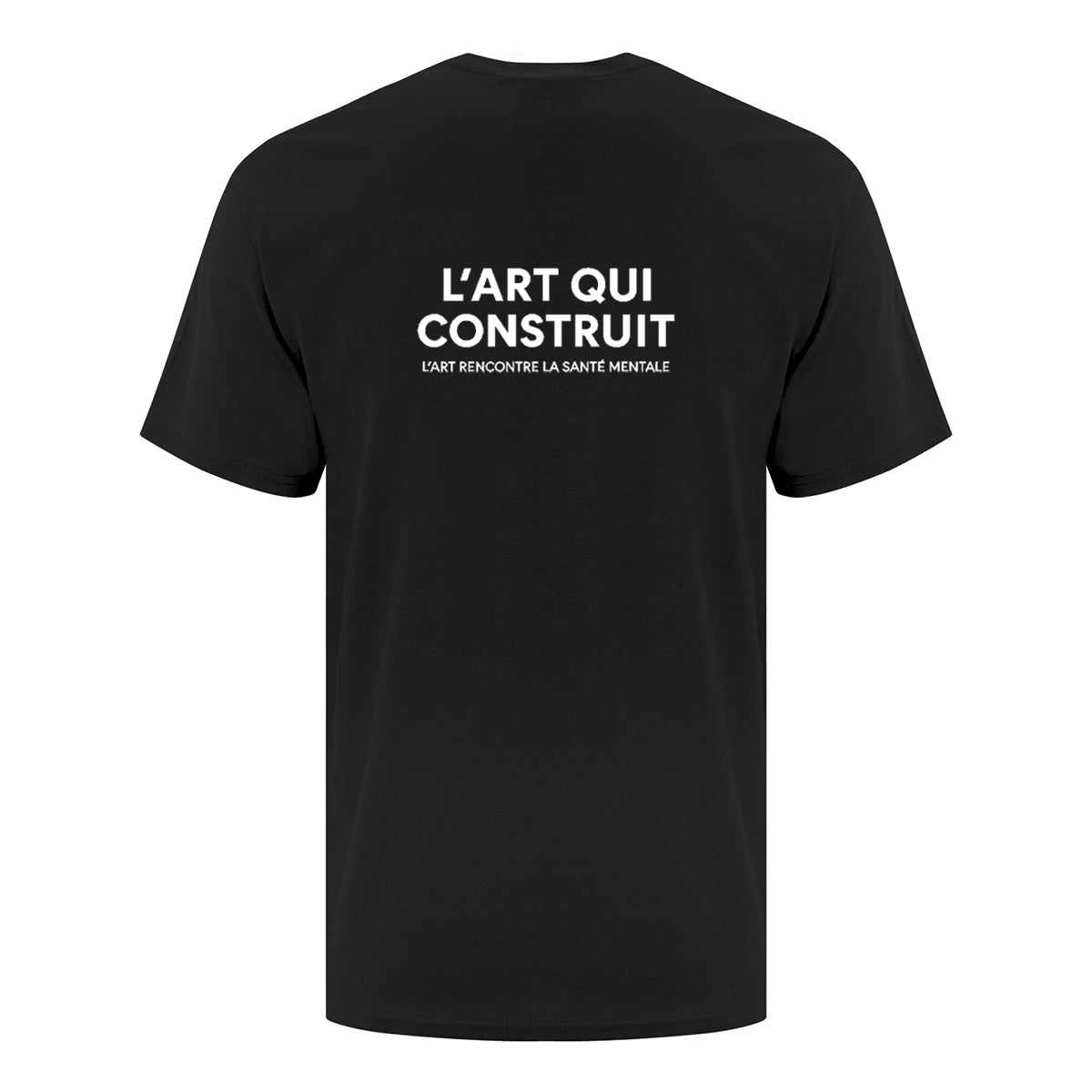 t-shirt manches courtes noir vue de dos avec l'impression blanche "L'art qui construit"